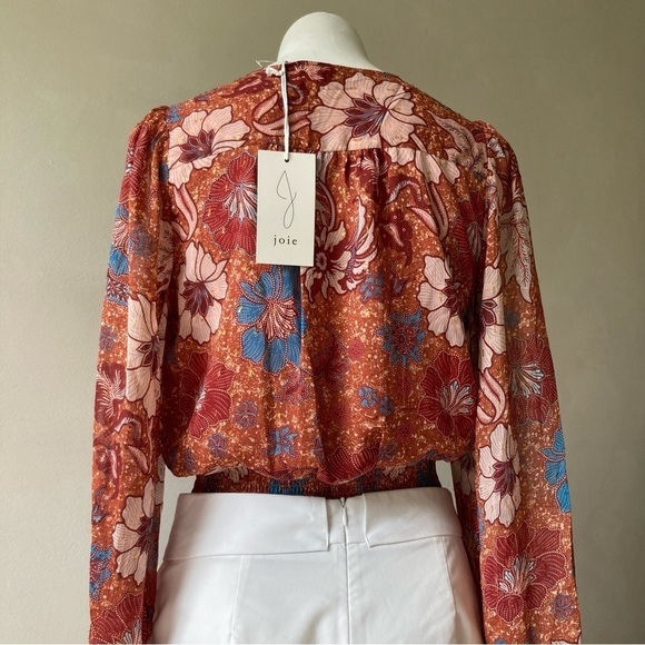 Joie | Burnt Sienna Floral Breezy Crop Tuck Waist Button Down Blouse - Picture 4 of 12